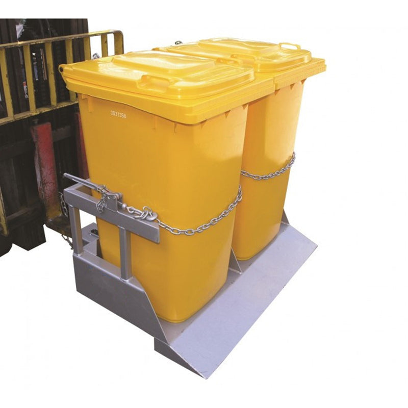 LANDYINDUS Dual Wheelie Bin Tipper | 2×240L Simultaneous | 1,000kg SWL | 180° Full Rotation | Safety Chains | Hot-Dip Galvanized | Double Throughput vs Single Bin | Slip-On Fork Pockets | F-NWB-T2