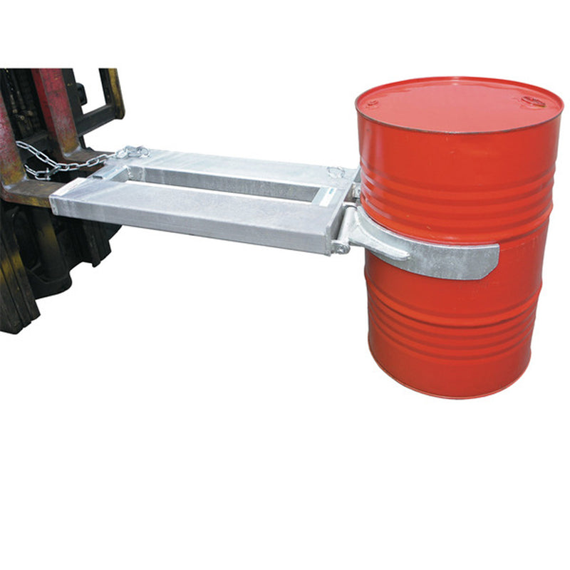LANDYINDUS Automatic Single Drum Forklift Lifter | 500kg SWL | 205L Steel Drum | Drive-Forward Engagement — No Dismounting | Self-Tightening Load Response | Galvanized Finish | 165×65mm Fork Pockets | Chemical, Warehouse & Food Processing | F-SDL1